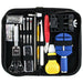 Black tool kit with various tools inside on a white background