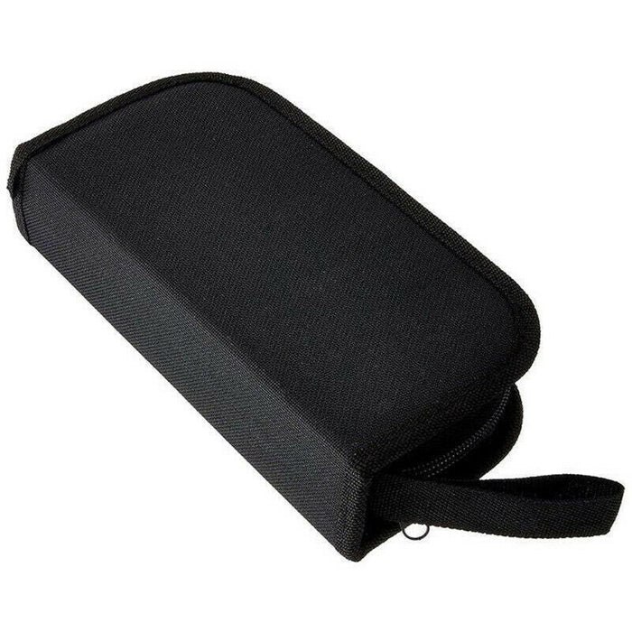 Black rectangular pouch with a strap on a white background