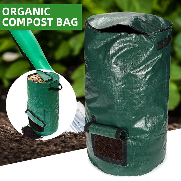 Green compost bag with a hose for composting, set against a natural background.