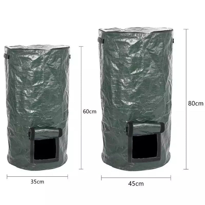 Two green garden waste bags with dimensions indicated on a white background