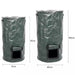Two green garden waste bags with dimensions indicated on a white background