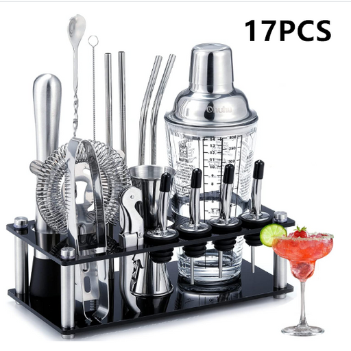 Set of 17 cocktail-making tools on a stand with a glass of red cocktail and lime garnish.