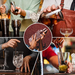 Collage of bartenders preparing cocktails with close-ups of tools and drinks.