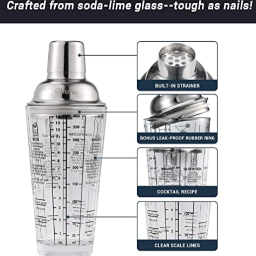 Cocktail shaker with features highlighted on a white background