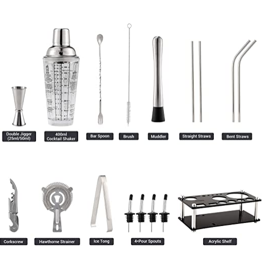 Collection of bar tools including a cocktail shaker, jigger, strainers, and other utensils on a white background.