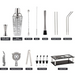 Collection of bar tools including a cocktail shaker, jigger, strainers, and other utensils on a white background.