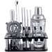 Set of cocktail-making tools including a shaker, jigger, and strainers on a stand.