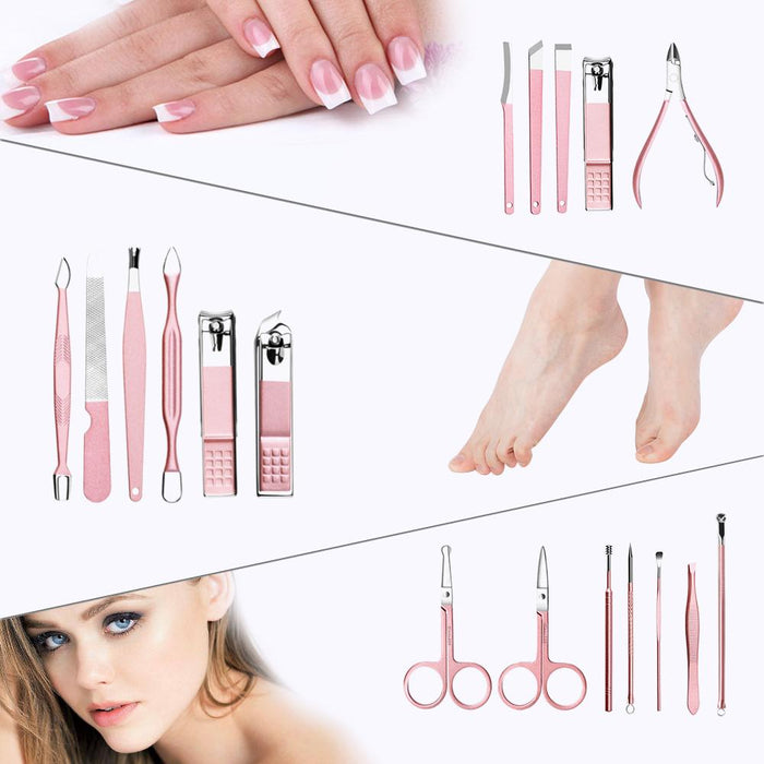 Set of pink nail care tools with close-ups of hands and feet, and a woman's face.