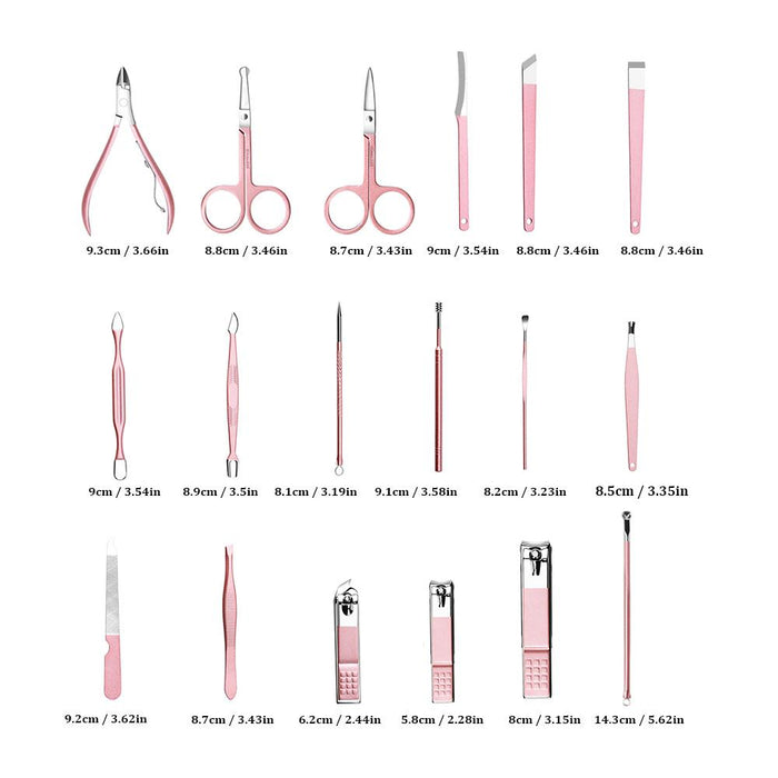 Set of various nail instruments with measurements labeled below each.