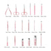 Set of various nail instruments with measurements labeled below each.