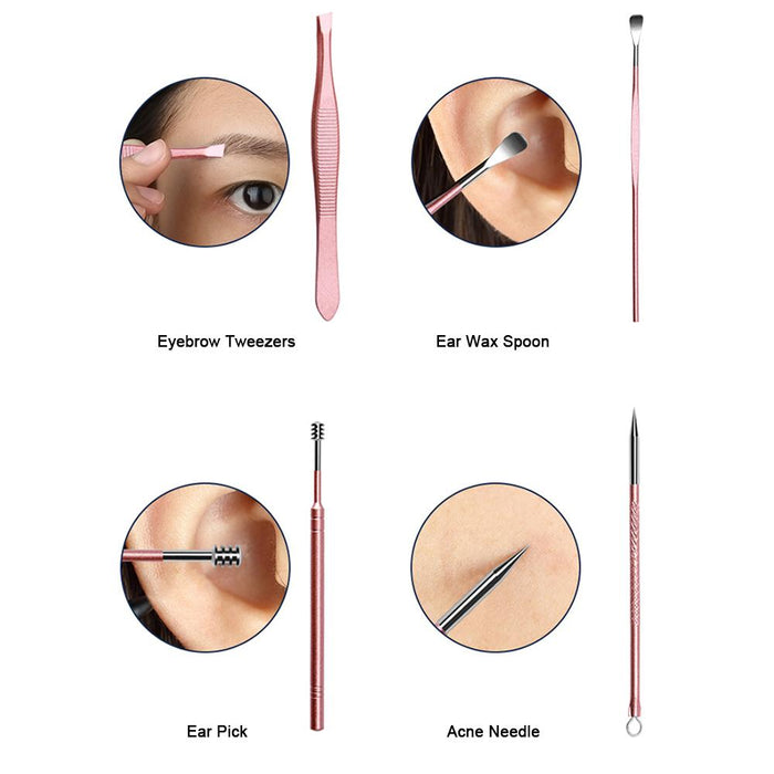 Set of facial care tools including eyebrow tweezers, ear wax spoon, ear pick, and acne needle with close-up illustrations on a white background.