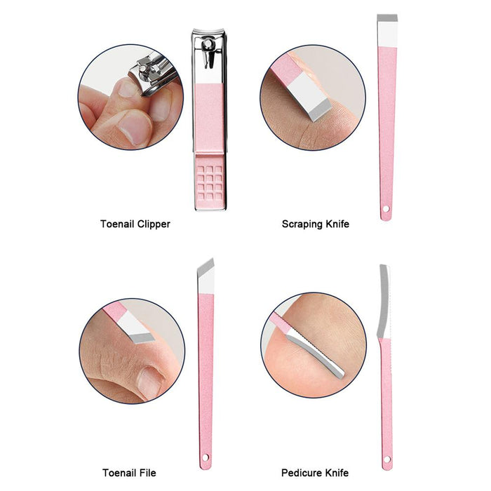 Set of pink nail care tools including a toenail clipper, scraping knife, toenail file, and pedicure knife on a white background.