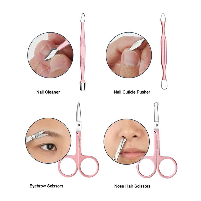 Set of pink nail care tools including a cleaner, pusher, scissors for eyebrows and nose hair on a white background.