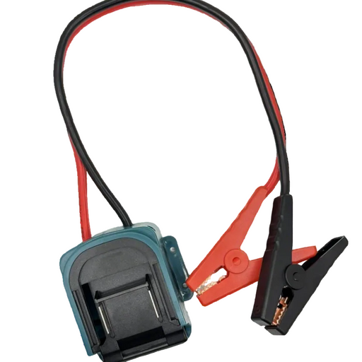 Battery tester with red and black leads on a white background