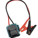 Battery tester with red and black leads on a white background