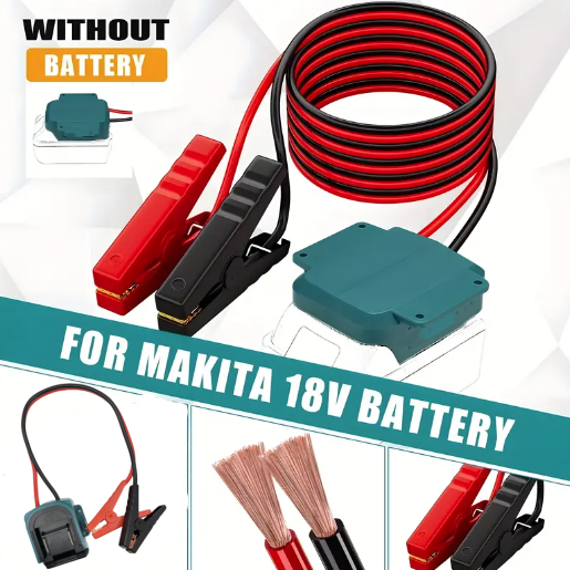 Electrical cable set with clamps and connector for Makita 18V battery on a white background.