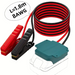 Electrical wire set with red and black clamps and a green connector on a white background.