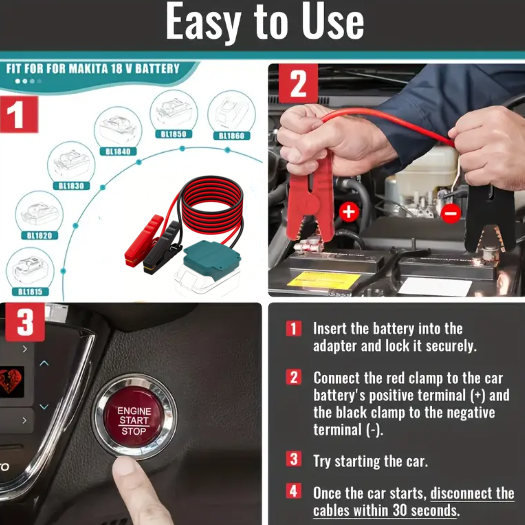 Instructions for using a car jump starter with a graphic of the product and step-by-step guide.
