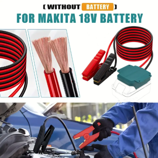 Jump starter kit for Makita 18V battery with cables and connectors on a white background.