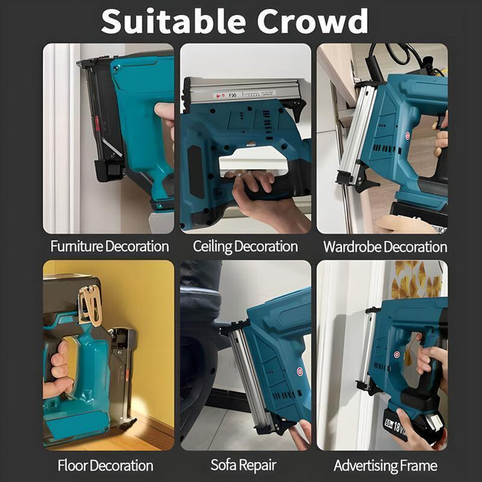 Collage of a nail gun being used for various home improvement tasks with text 'Suitable Crowd' at the top.