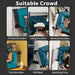 Collage of a nail gun being used for various home improvement tasks with text 'Suitable Crowd' at the top.