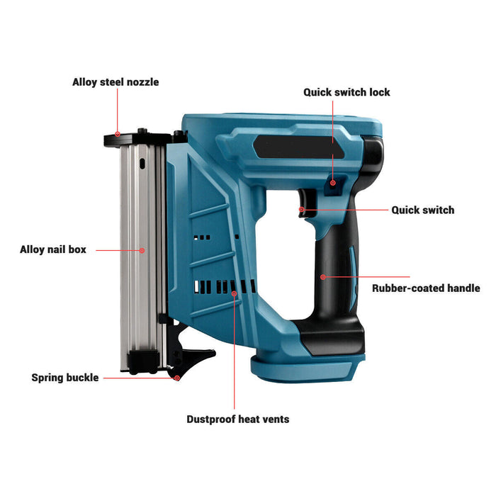 Blue nail gun with labeled parts on a white background