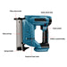 Blue nail gun with labeled parts on a white background