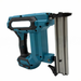 Blue and black nail gun with a strip of nails on a white background