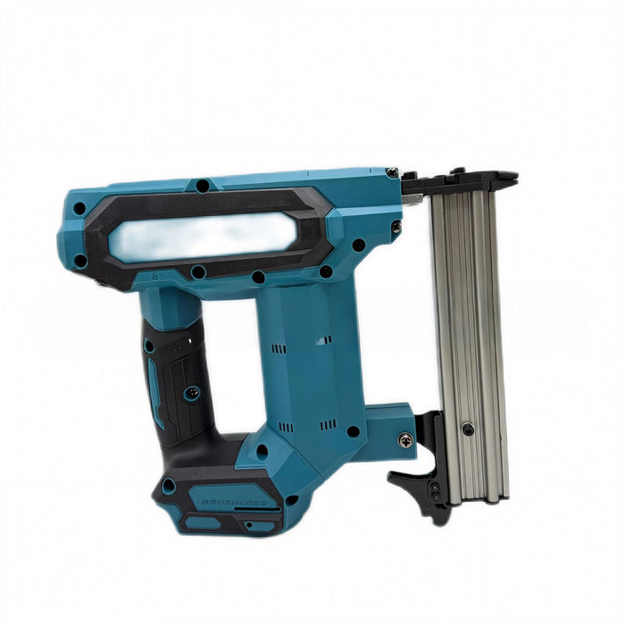 Blue nail gun with a strip of nails on a white background