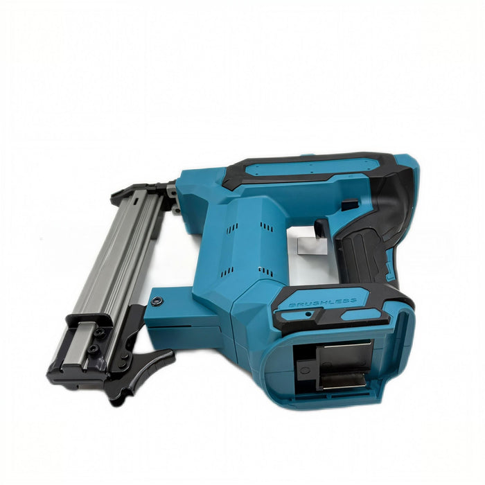 Blue and black nail gun on a white background
