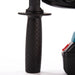 Close-up of a black textured grip and a red and gray device on a white background
