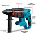 Blue hammer drill with labeled features on a white background