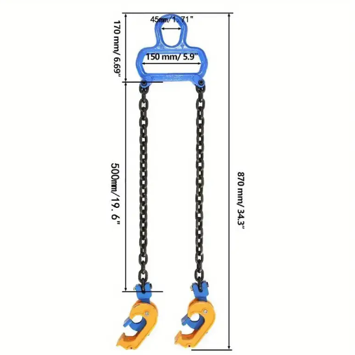 Lifting chain with blue hooks and measurements on a white background