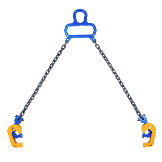 Chain hoist with blue and yellow clamps on a white background