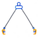 Chain hoist with blue and yellow clamps on a white background