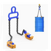 Lifting chain device with blue and orange handles lifting a blue barrel on a white background
