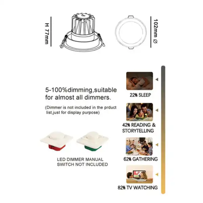 13W 1150 lumens ,Tri-Color Dimmable LED Downlight, Dia 102mm