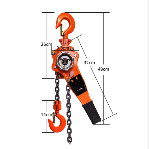 Orange chain hoist with dimensions labeled on a white background