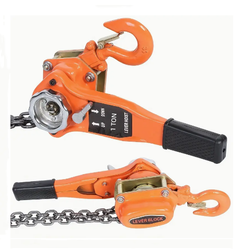Two orange lever blocks with chains on a white background