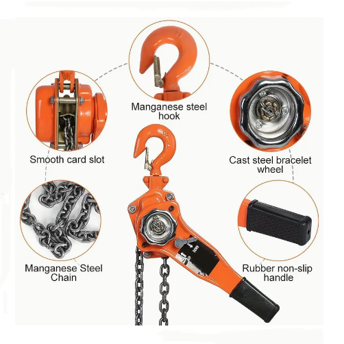 Orange mechanical pulley system with labeled components on a white background