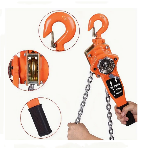 Orange lever block with chain and close-up details on a white background