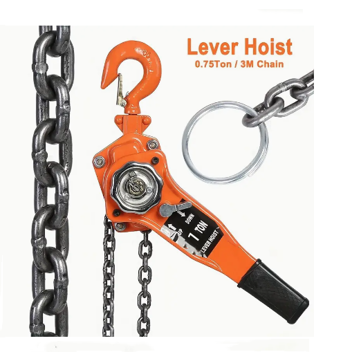 Orange lever hoist with chain on a white background