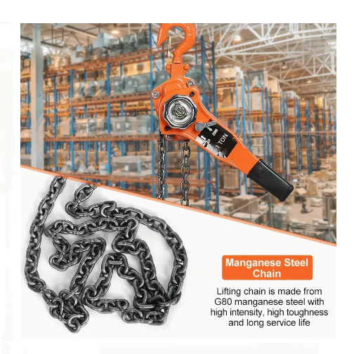 Orange crane hook with chain in a warehouse setting, highlighting manganese steel chain.