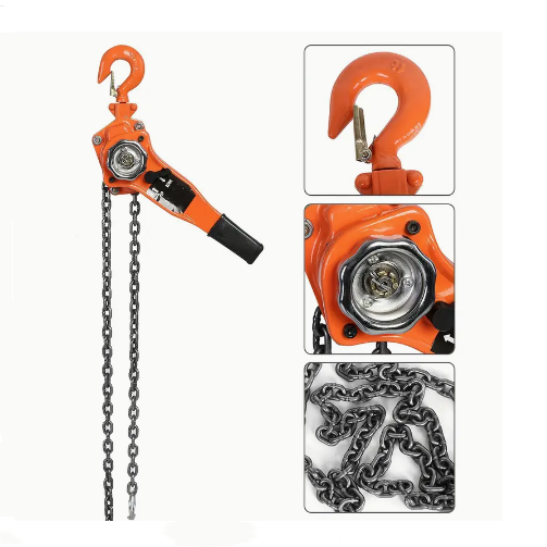 Orange hand chain hoist with close-up insets on a white background