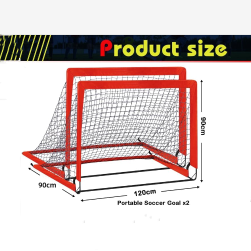 Portable soccer goal with dimensions on a white background