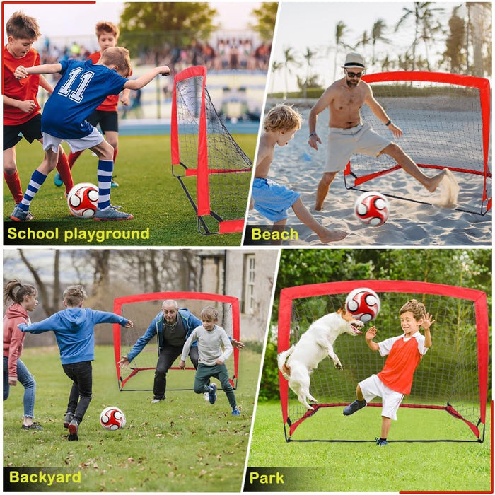 Collage of a portable soccer goal being used in various settings including school playground, beach, backyard, and park.