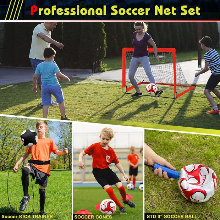 Children playing soccer with a goal and ball on grass, surrounded by promotional text for a professional soccer net set.