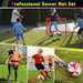 Children playing soccer with a goal and ball on grass, surrounded by promotional text for a professional soccer net set.