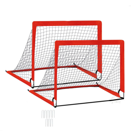 Red sports goal with black netting on a white background