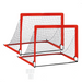 Red sports goal with black netting on a white background